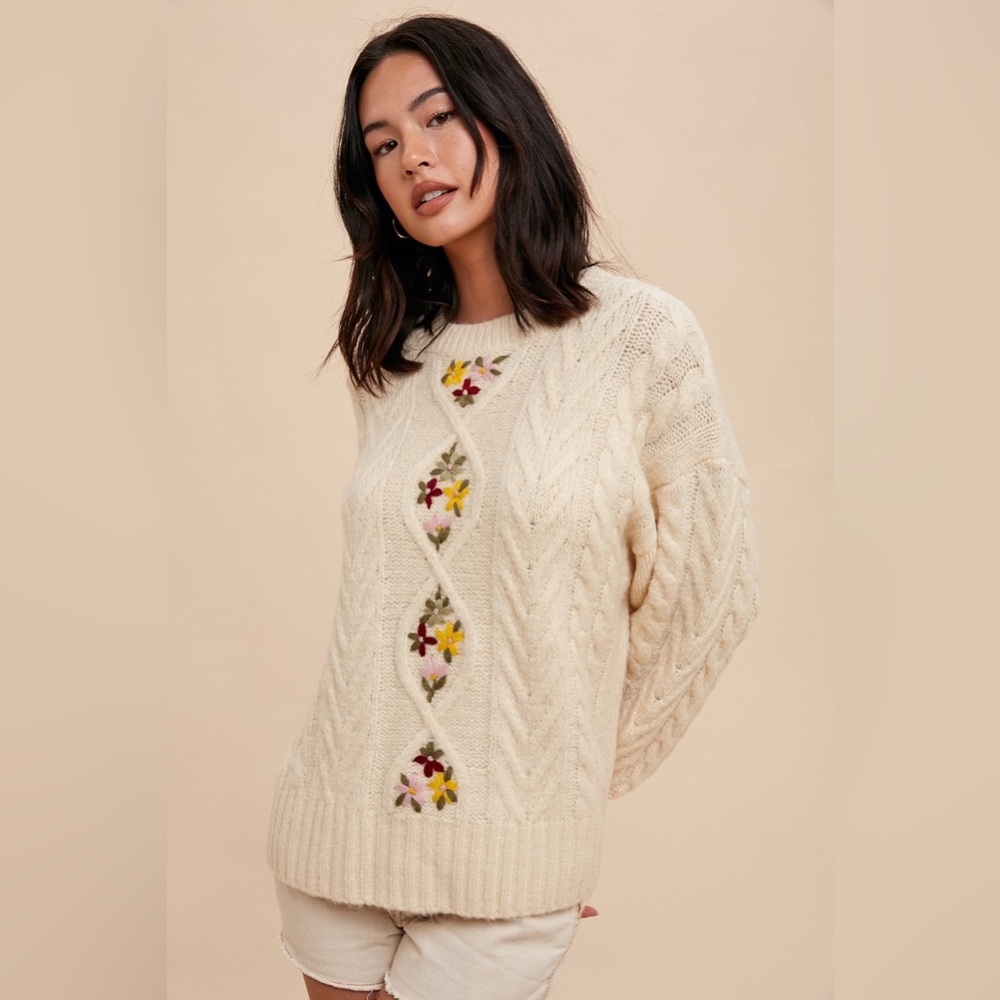 New Floral Embroidered Vanilla Cream Sweater - Picture 6 of 13